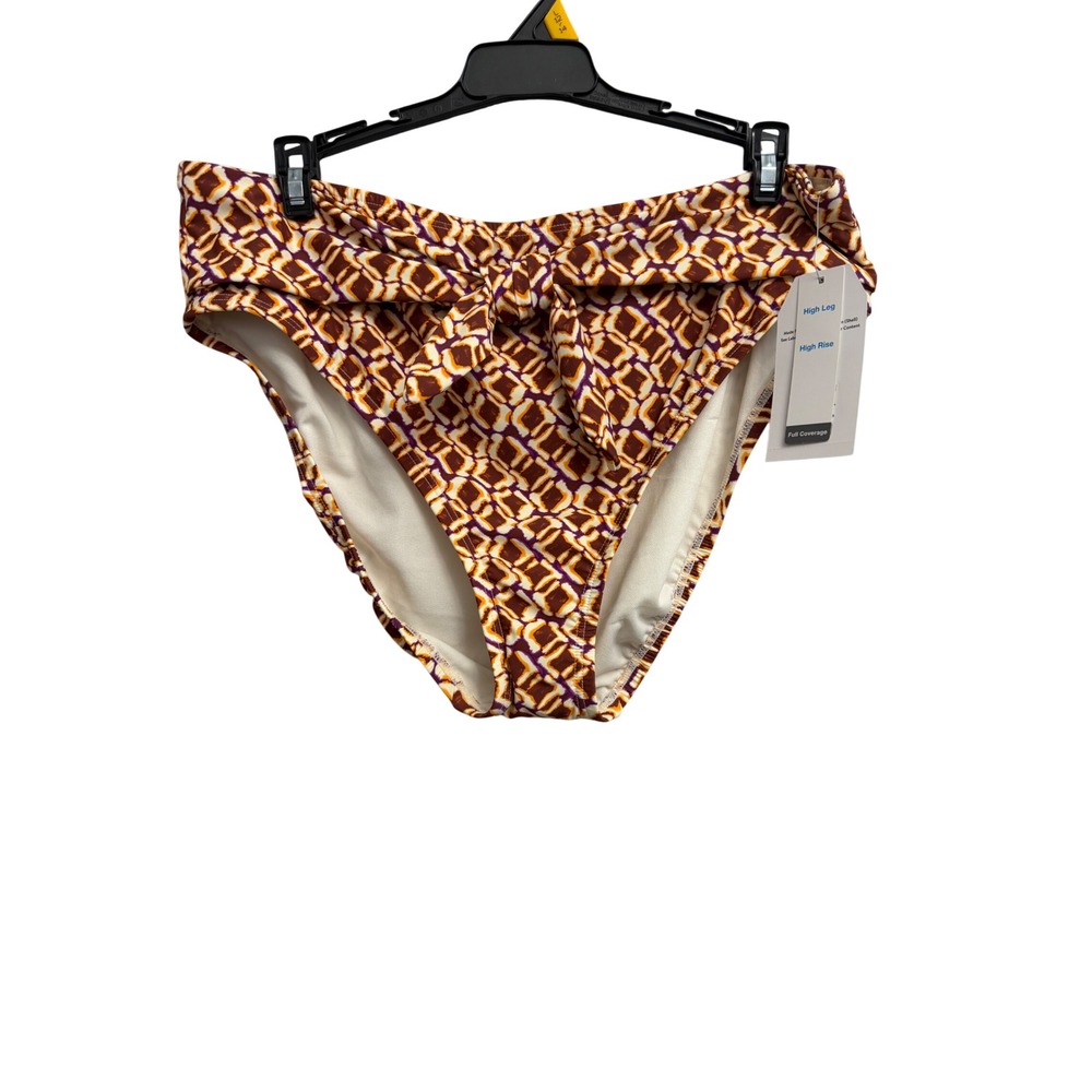 Time and Tru Womens High Rise High Leg Bikini Bottoms Geometric Brown Orange L